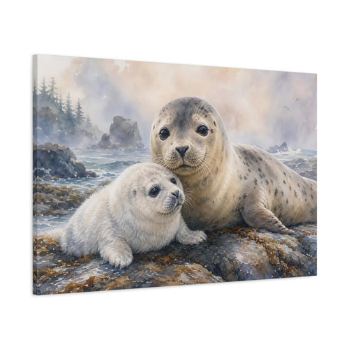 Main Mockup. Animals Seals Gray And Brown shown as canvas print
