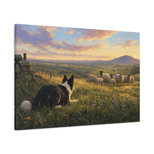 Main Mockup. Animals Sheepdog Green And Gold Landscape shown as stretched canvas wall art