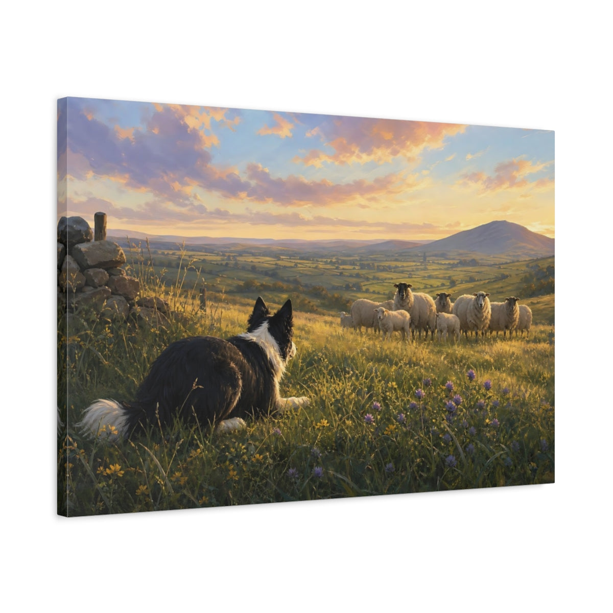 Side Mockup 2. Animals Sheepdog Green And Gold Landscape shown as stretched canvas wall art