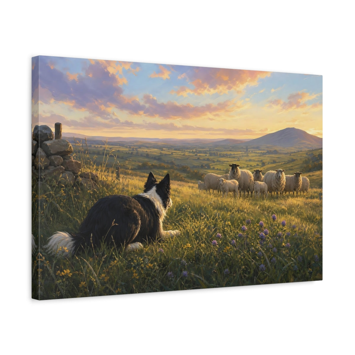 Side Mockup 3. Animals Sheepdog Green And Gold Landscape shown as stretched canvas wall art