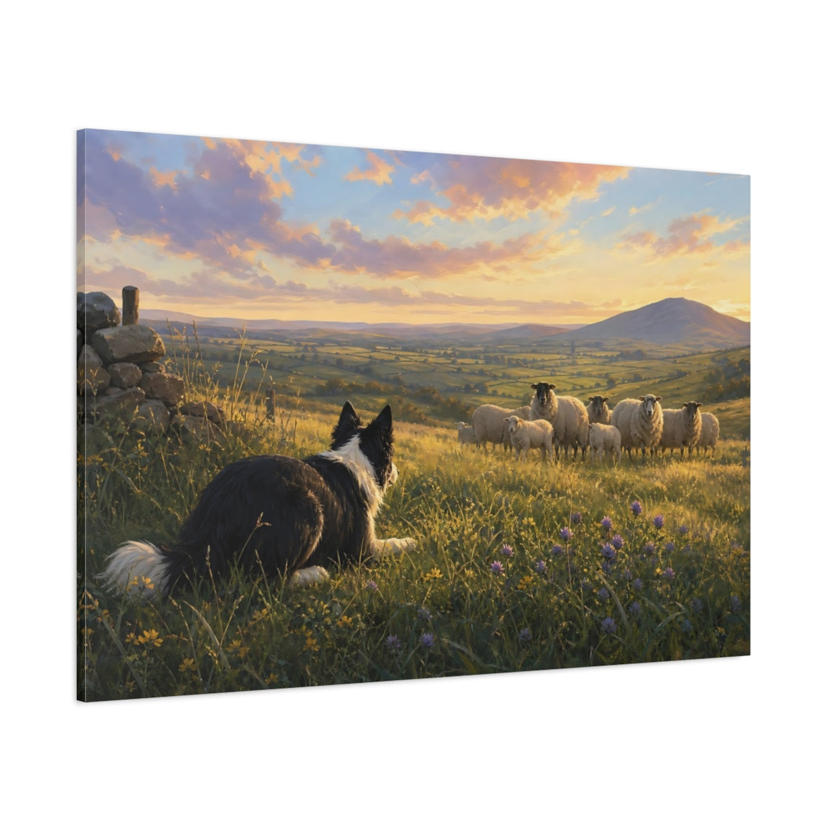 Side Mockup 1. Animals Sheepdog Green And Gold Landscape shown as stretched canvas wall art