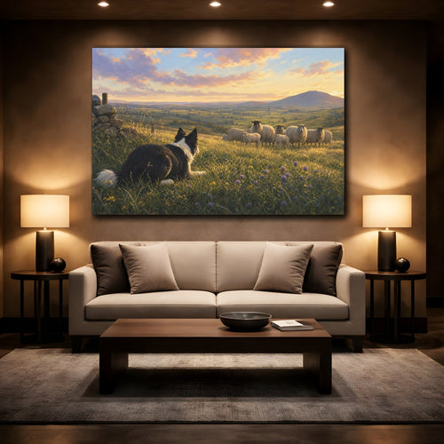 Mockup 2. Animals Sheepdog Green And Gold Landscape shown as stretched canvas wall art