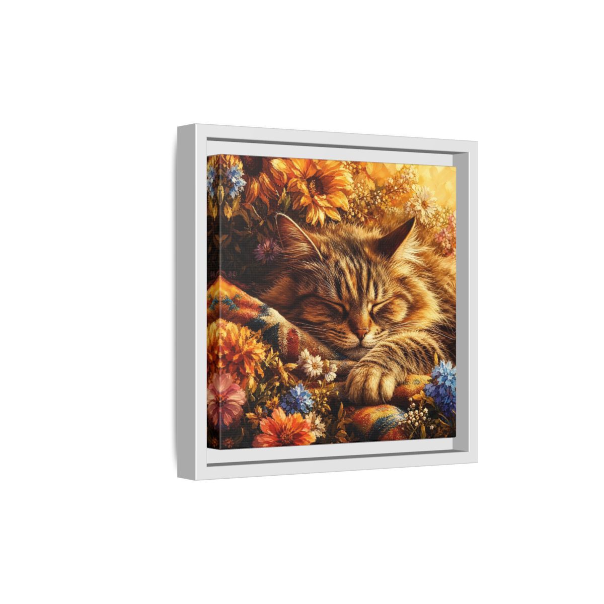 Side Mockup 19. Animals Sleeping Cat Sleeping Cat Flowers shown as stretched canvas wall art