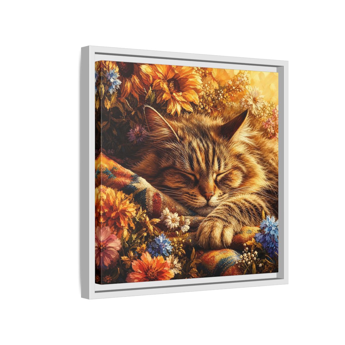 Side Mockup 13. Animals Sleeping Cat Sleeping Cat Flowers shown as stretched canvas wall art