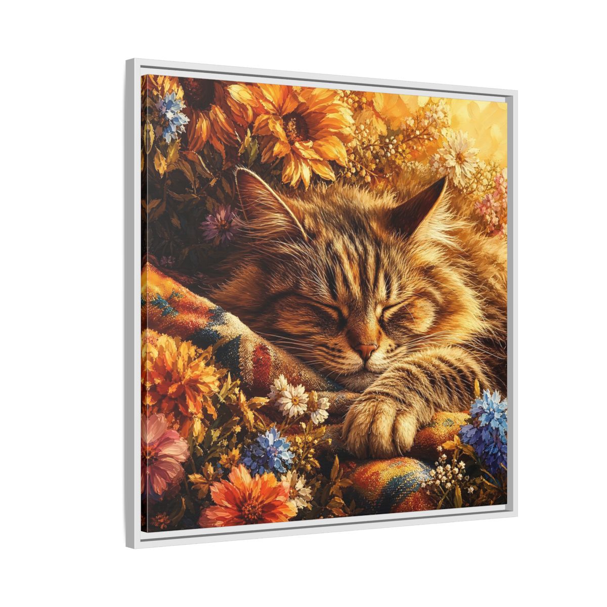 Side Mockup 7. Animals Sleeping Cat Sleeping Cat Flowers shown as stretched canvas wall art