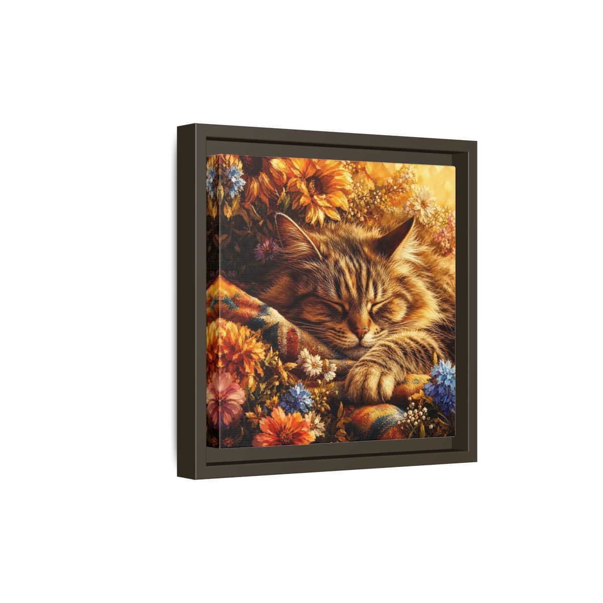 Side Mockup 20. Animals Sleeping Cat Sleeping Cat Flowers shown as stretched canvas wall art