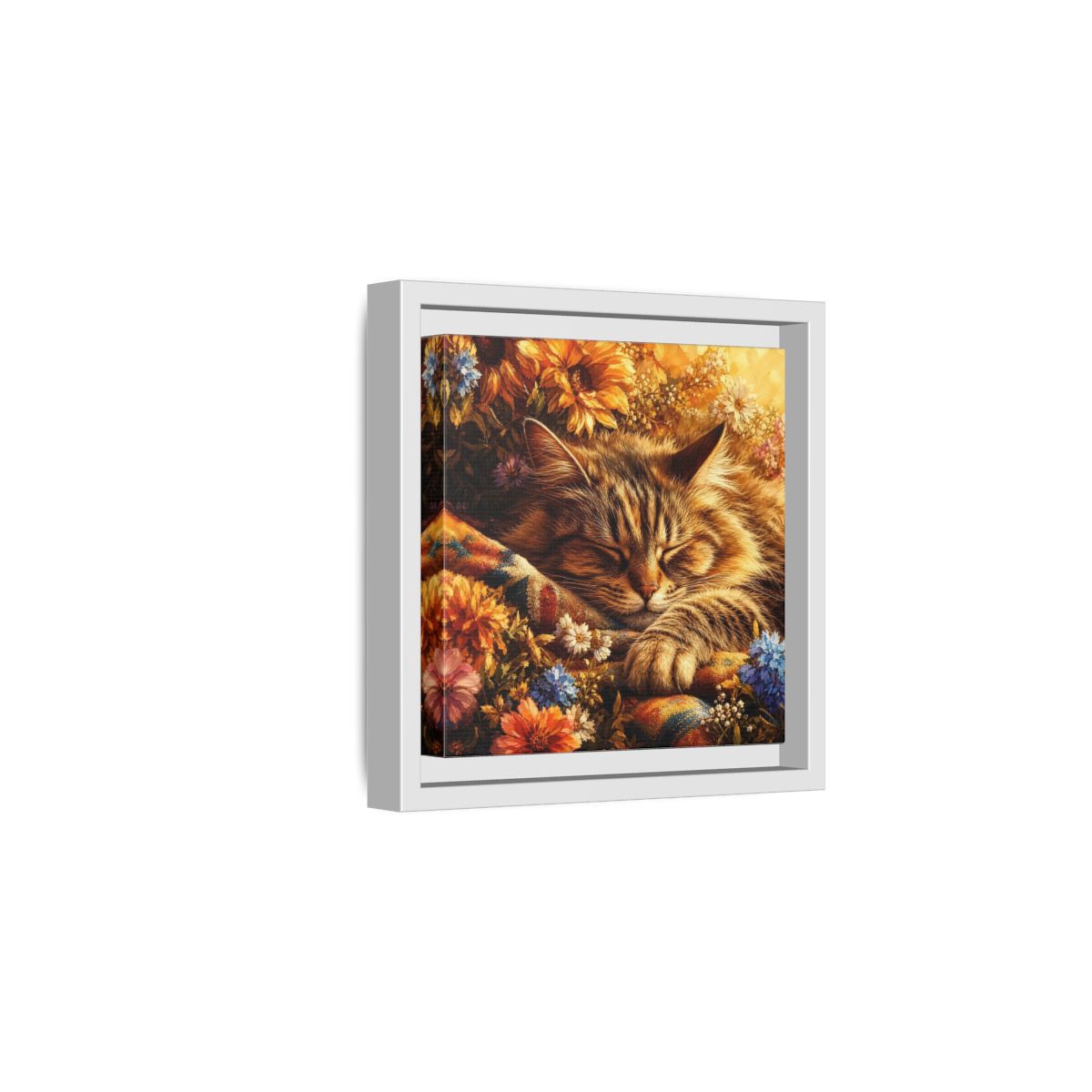 Side Mockup 1. Animals Sleeping Cat Sleeping Cat Flowers shown as stretched canvas wall art