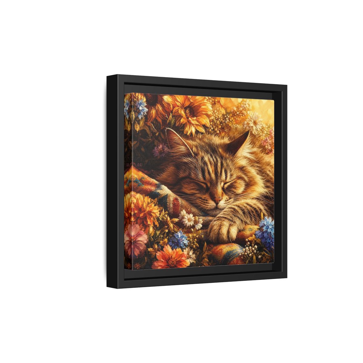 Side Mockup 21. Animals Sleeping Cat Sleeping Cat Flowers shown as stretched canvas wall art