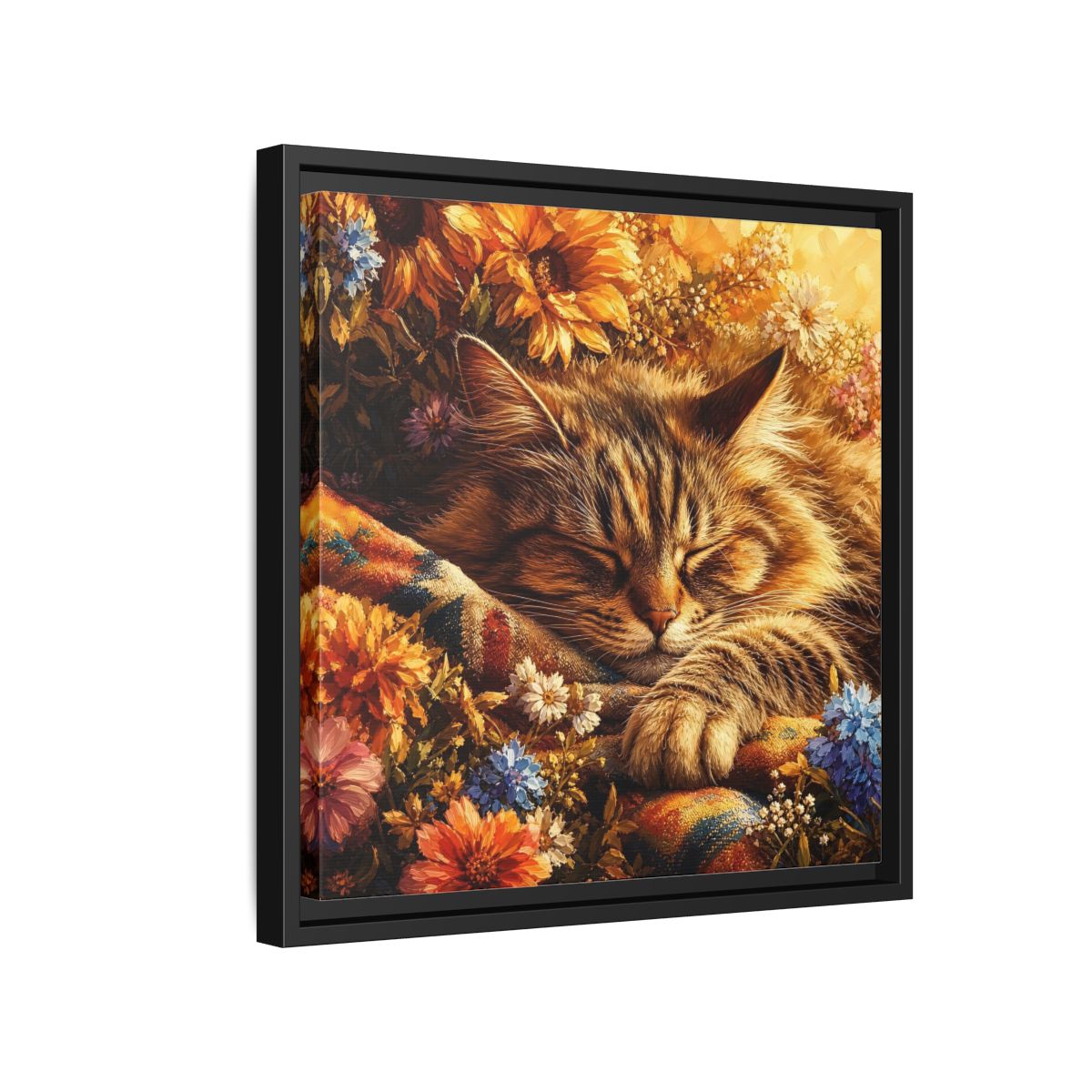 Side Mockup 15. Animals Sleeping Cat Sleeping Cat Flowers shown as stretched canvas wall art