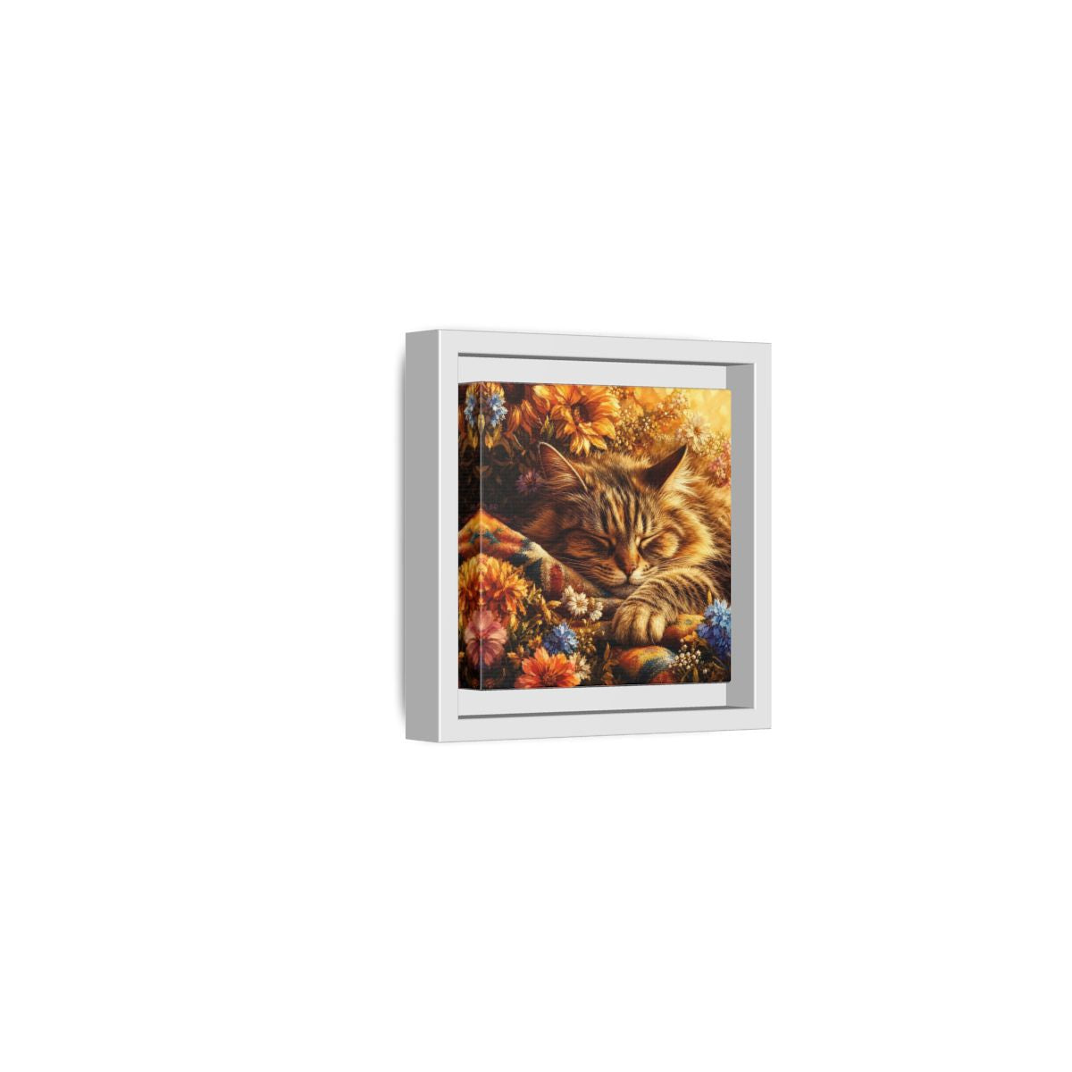 Side Mockup 22. Animals Sleeping Cat Sleeping Cat Flowers shown as stretched canvas wall art
