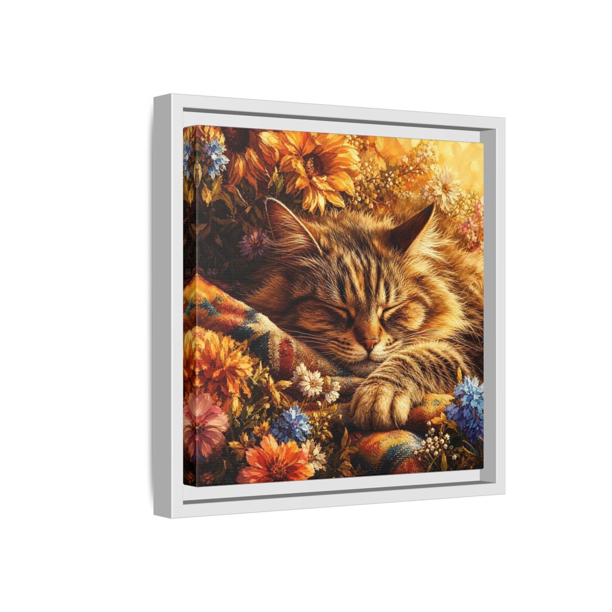 Side Mockup 16. Animals Sleeping Cat Sleeping Cat Flowers shown as stretched canvas wall art