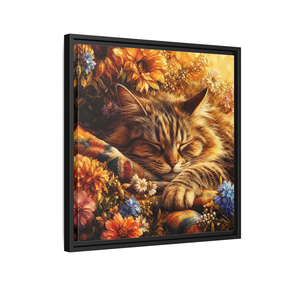 Side Mockup 12. Animals Sleeping Cat Sleeping Cat Flowers shown as stretched canvas wall art
