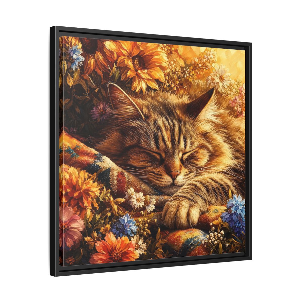 Side Mockup 31. Animals Sleeping Cat Sleeping Cat Flowers shown as stretched canvas wall art