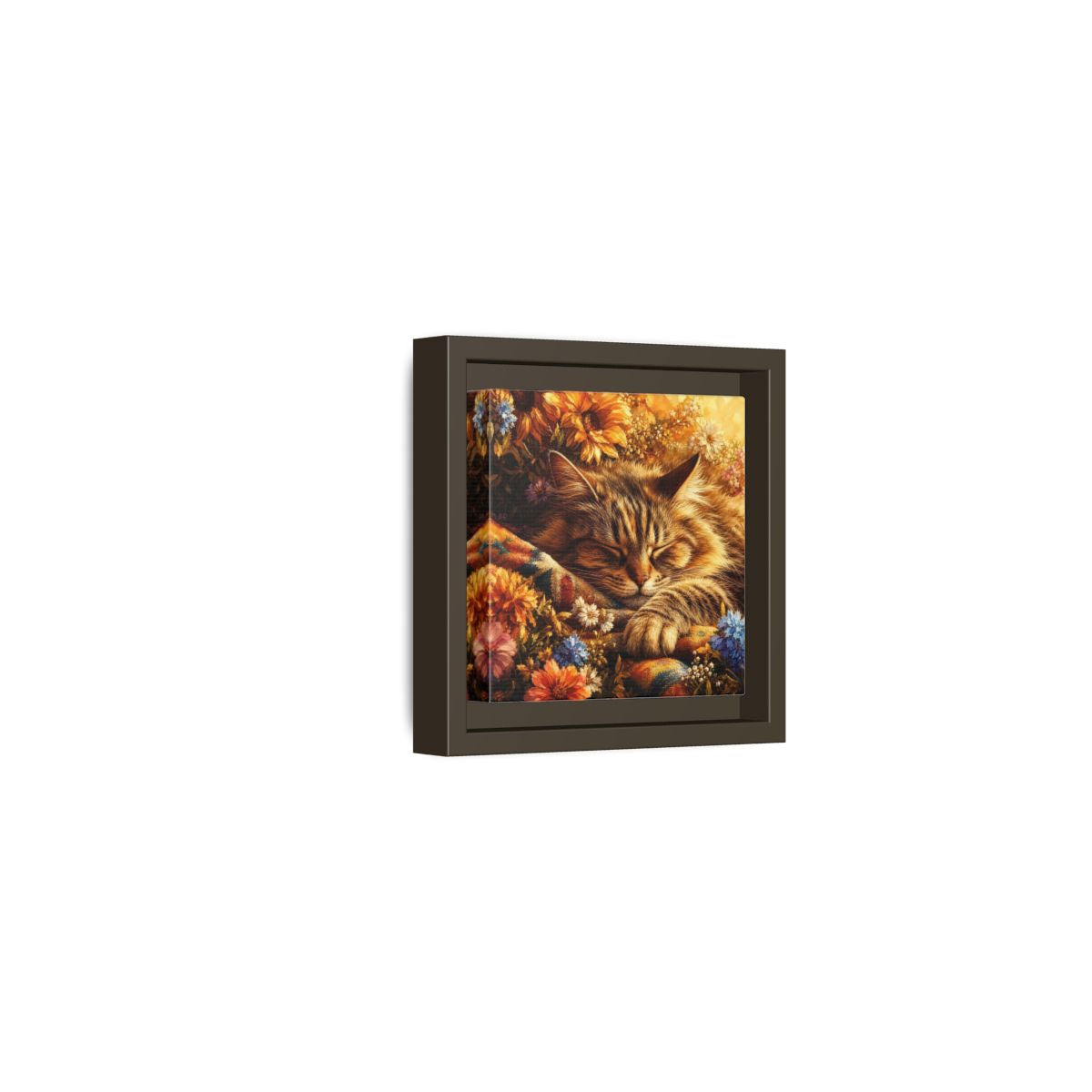 Side Mockup 23. Animals Sleeping Cat Sleeping Cat Flowers shown as stretched canvas wall art