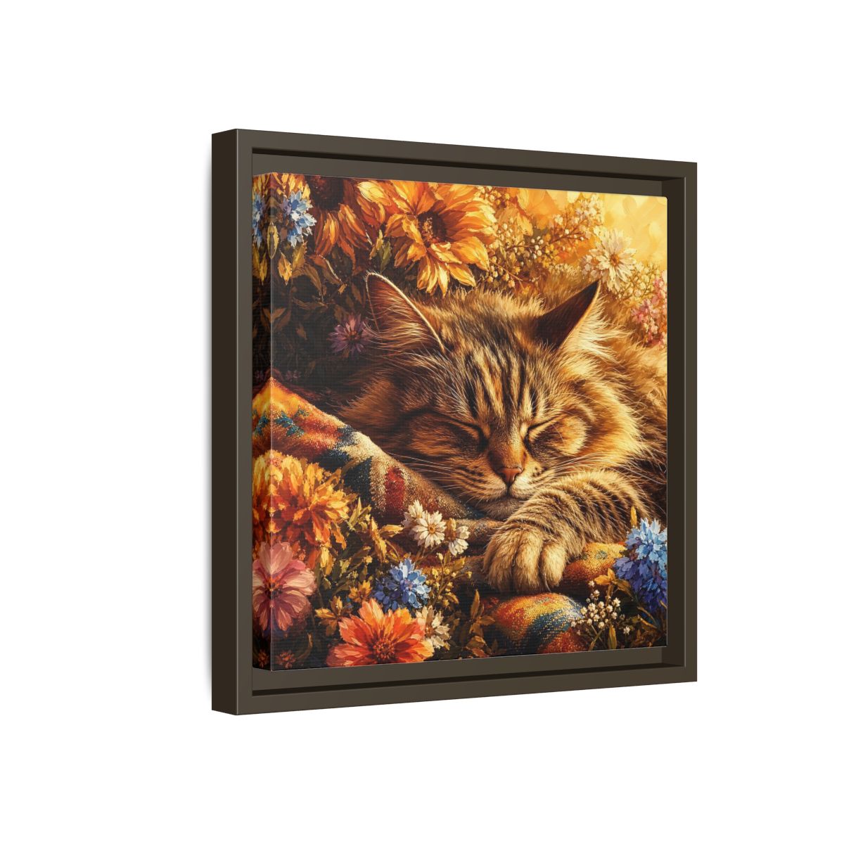 Side Mockup 17. Animals Sleeping Cat Sleeping Cat Flowers shown as stretched canvas wall art