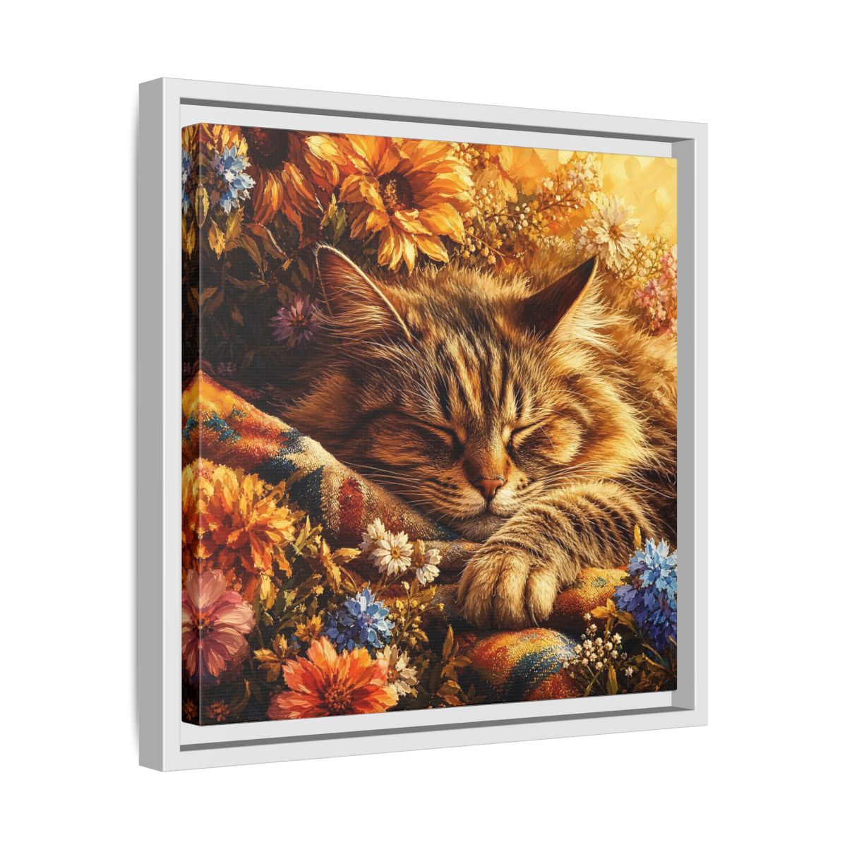 Side Mockup 28. Animals Sleeping Cat Sleeping Cat Flowers shown as stretched canvas wall art