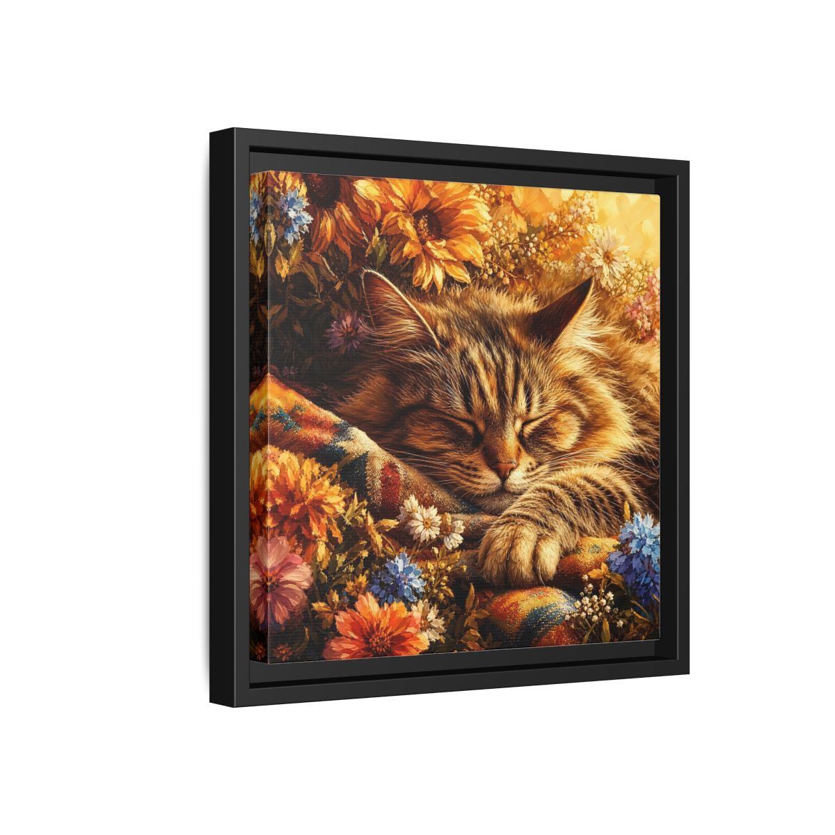 Side Mockup 18. Animals Sleeping Cat Sleeping Cat Flowers shown as stretched canvas wall art