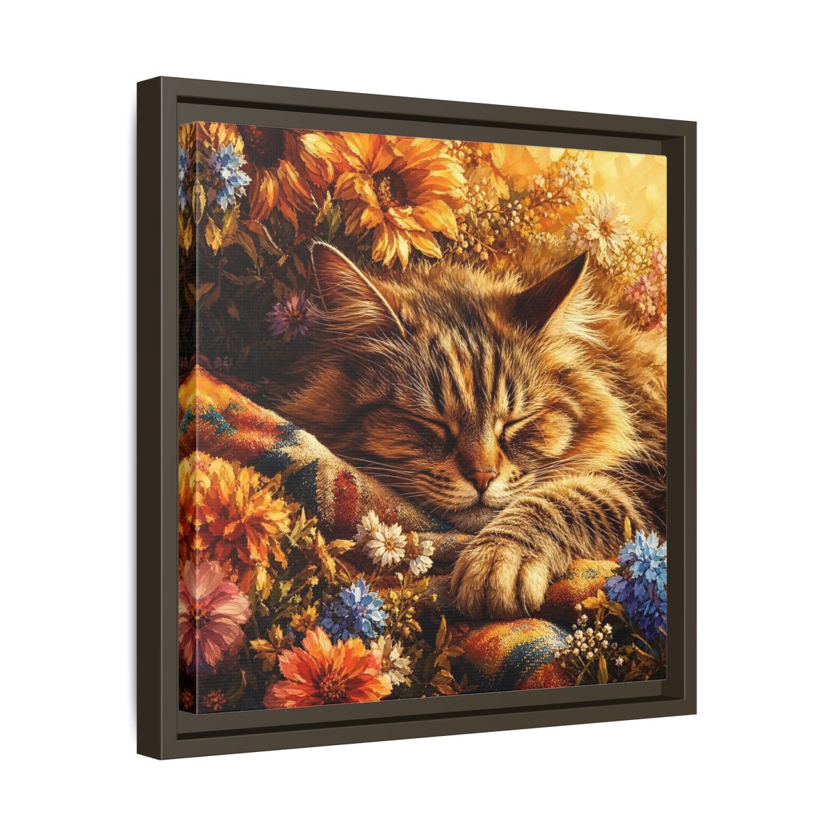 Side Mockup 29. Animals Sleeping Cat Sleeping Cat Flowers shown as stretched canvas wall art
