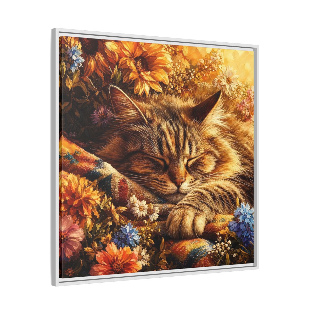 Side Mockup 25. Animals Sleeping Cat Sleeping Cat Flowers shown as stretched canvas wall art