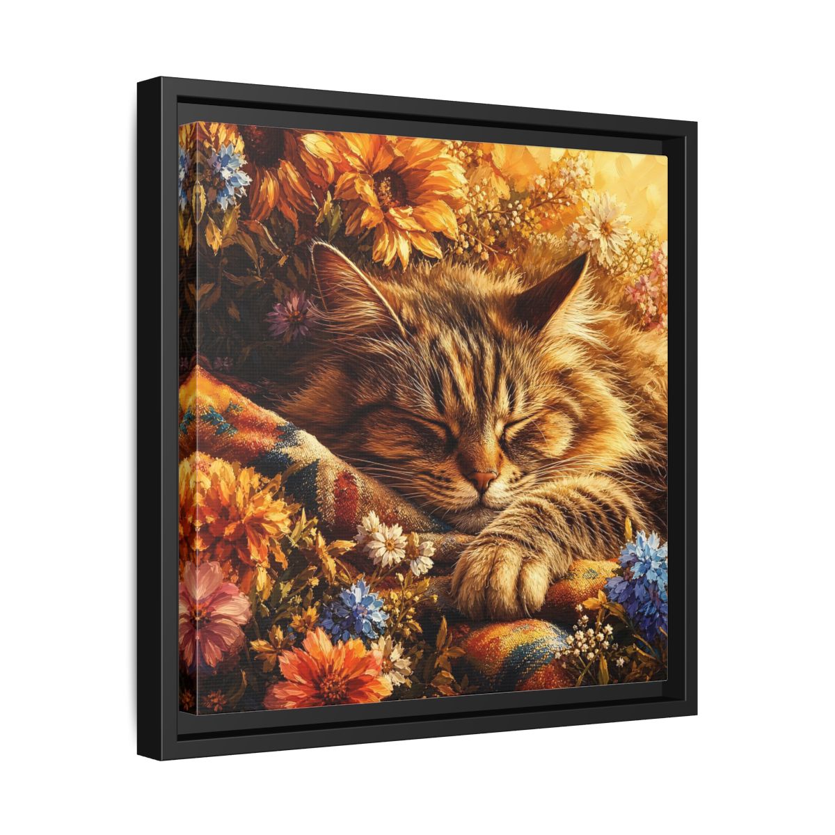 Side Mockup 32. Animals Sleeping Cat Sleeping Cat Flowers shown as stretched canvas wall art