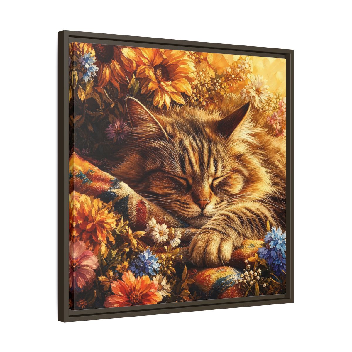 Side Mockup 27. Animals Sleeping Cat Sleeping Cat Flowers shown as stretched canvas wall art