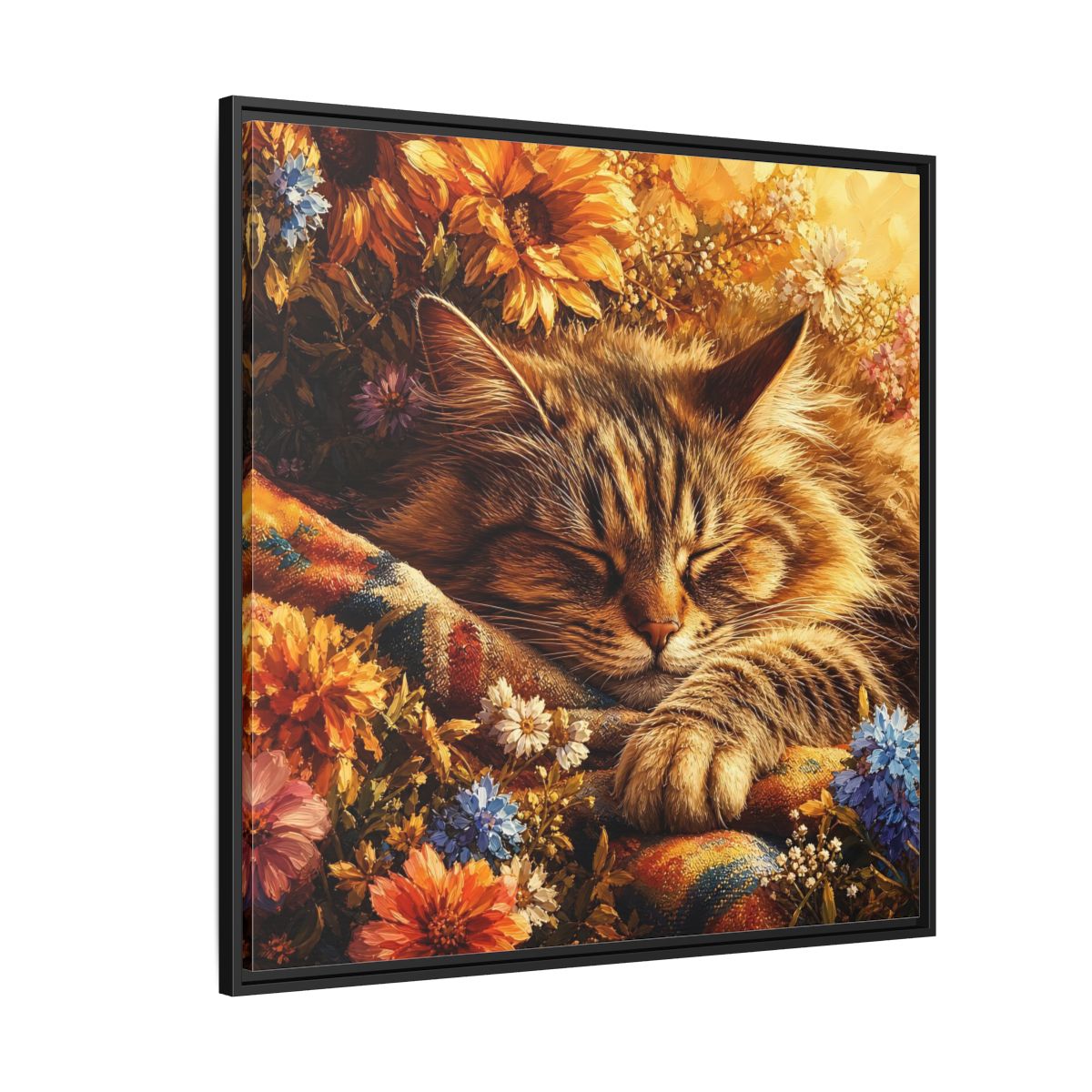Side Mockup 6. Animals Sleeping Cat Sleeping Cat Flowers shown as stretched canvas wall art