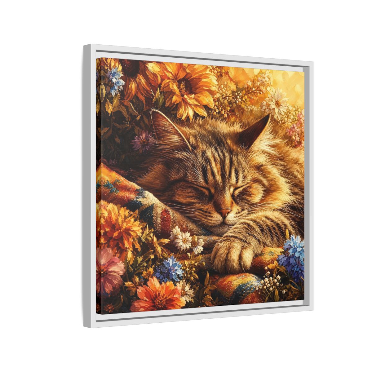 Side Mockup 10. Animals Sleeping Cat Sleeping Cat Flowers shown as stretched canvas wall art