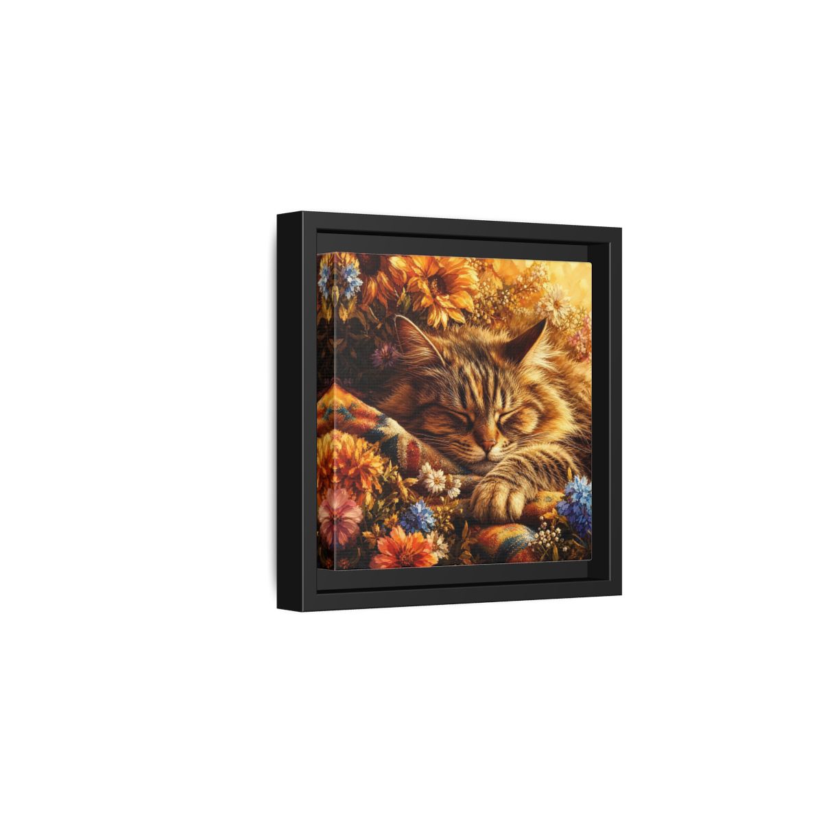 Side Mockup 3. Animals Sleeping Cat Sleeping Cat Flowers shown as stretched canvas wall art