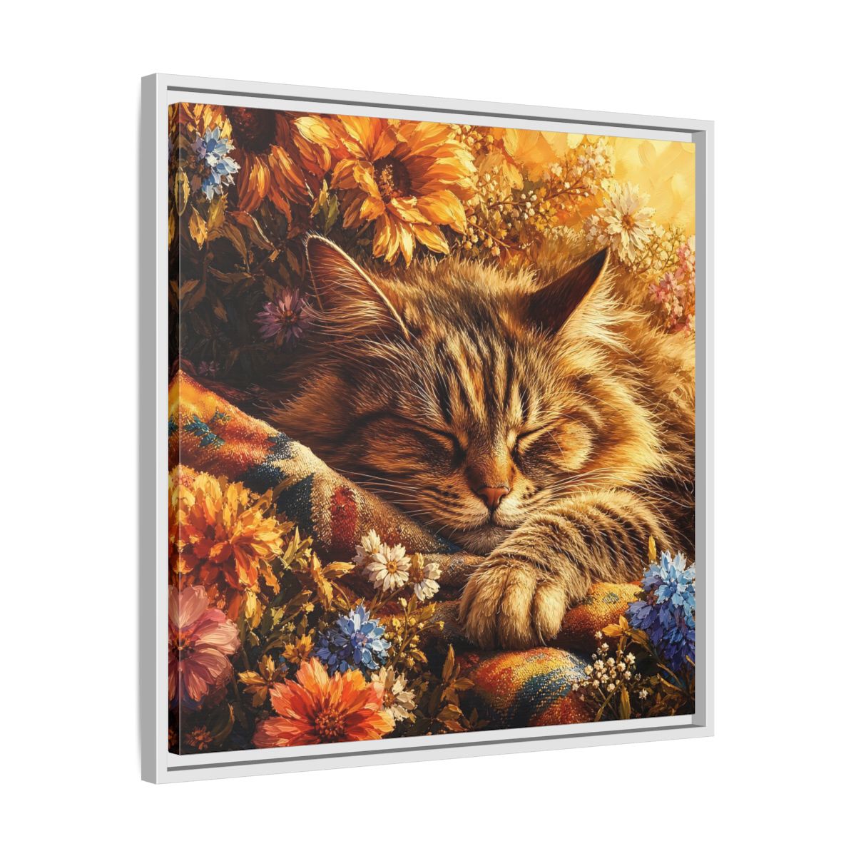 Side Mockup 26. Animals Sleeping Cat Sleeping Cat Flowers shown as stretched canvas wall art