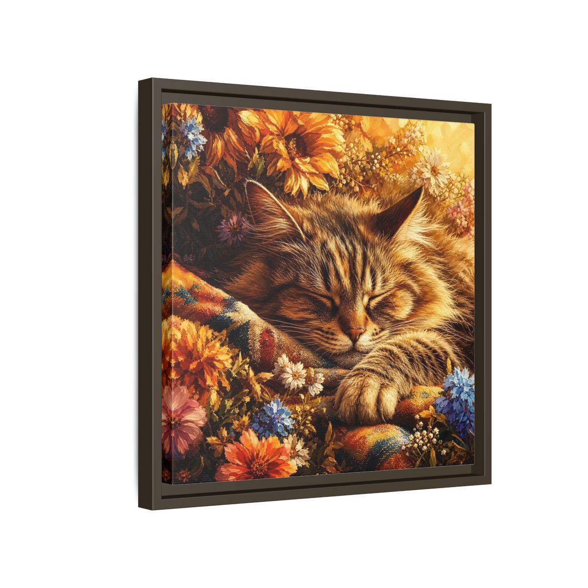 Side Mockup 14. Animals Sleeping Cat Sleeping Cat Flowers shown as stretched canvas wall art