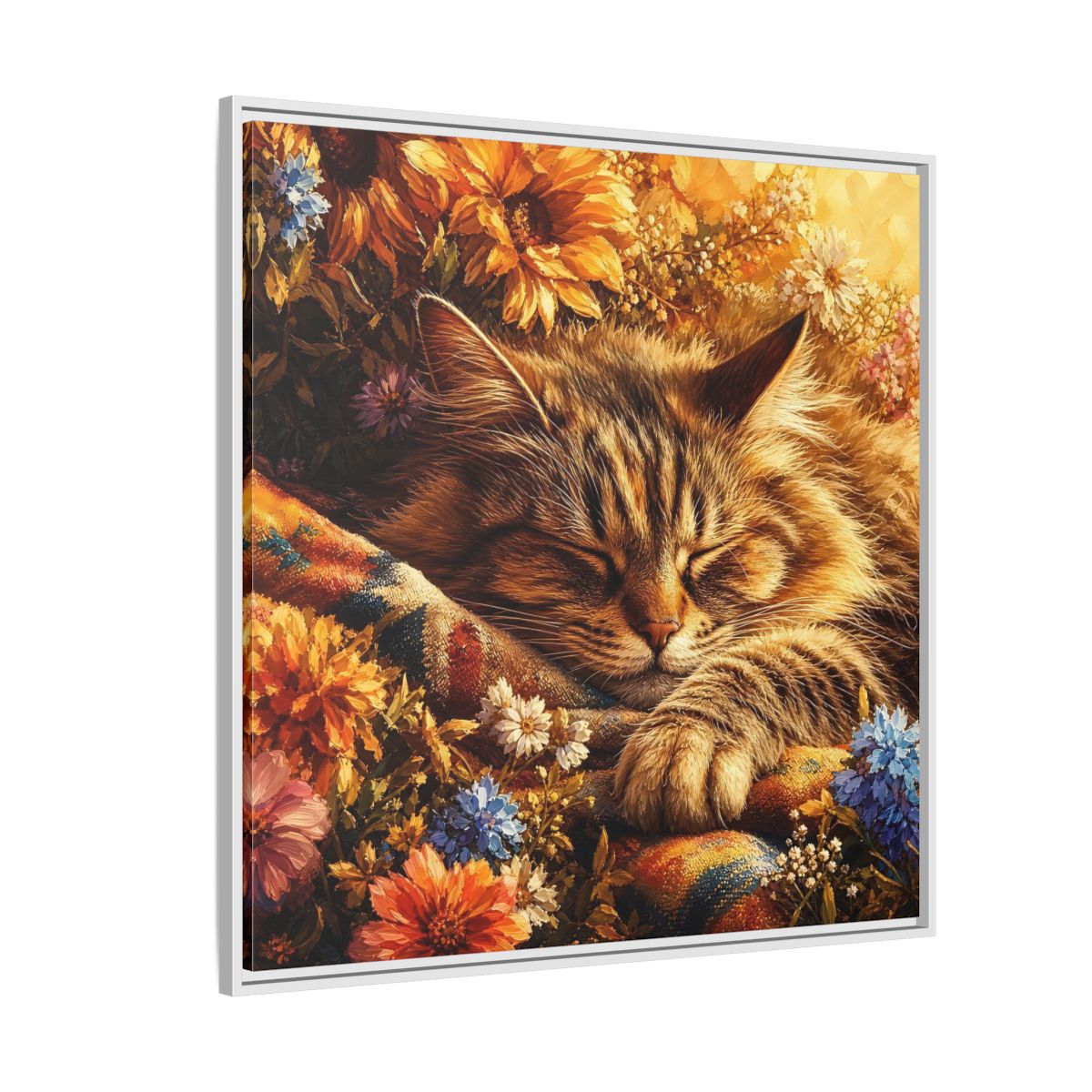 Side Mockup 4. Animals Sleeping Cat Sleeping Cat Flowers shown as stretched canvas wall art