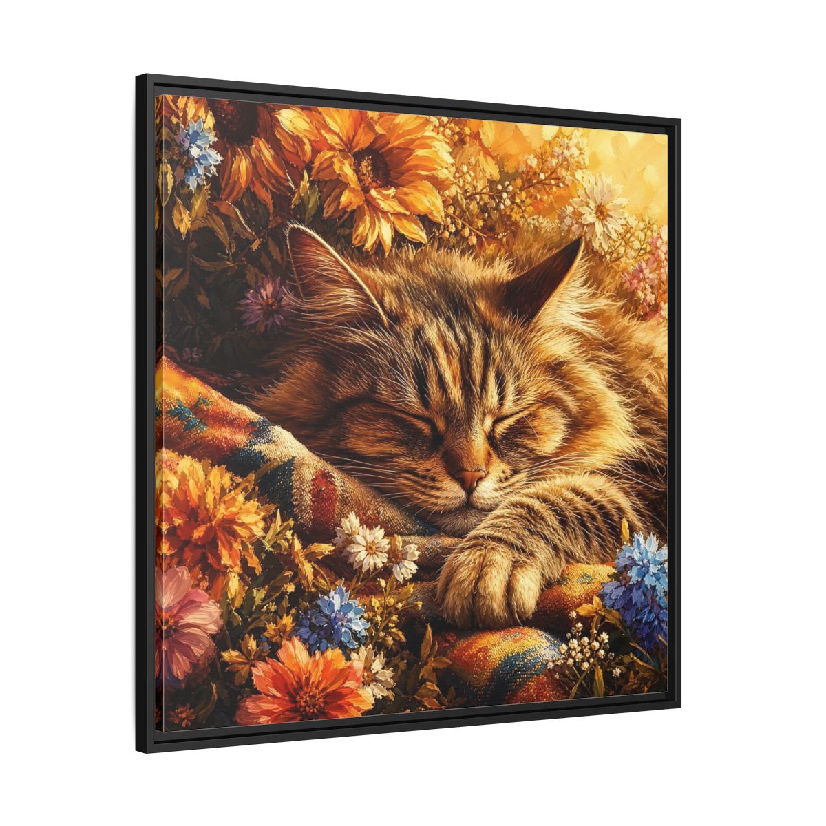 Side Mockup 30. Animals Sleeping Cat Sleeping Cat Flowers shown as stretched canvas wall art