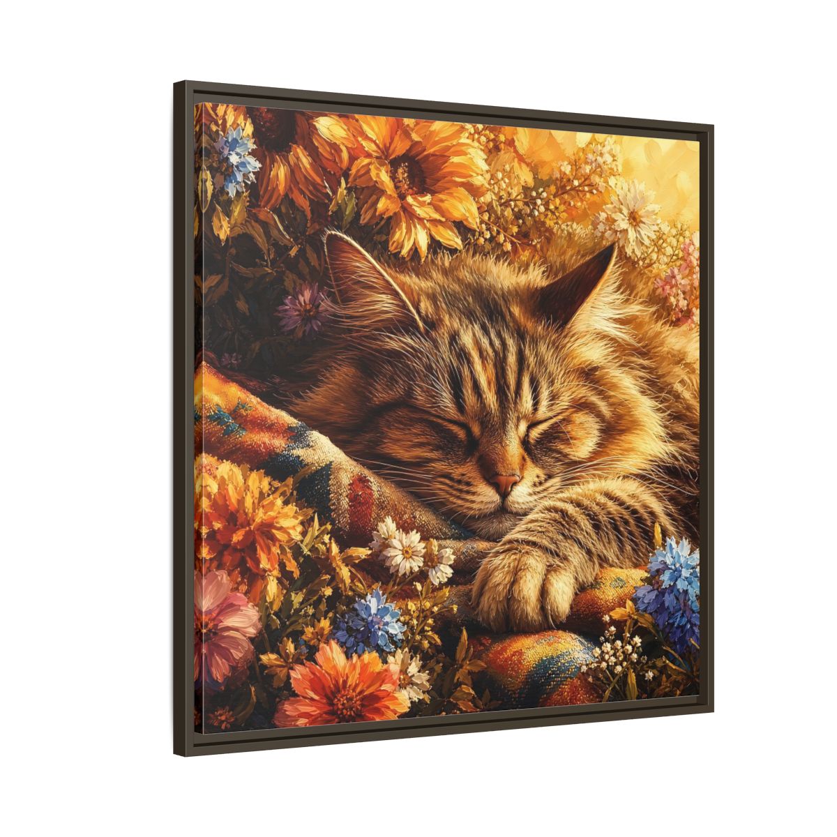 Side Mockup 8. Animals Sleeping Cat Sleeping Cat Flowers shown as stretched canvas wall art