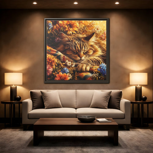 Mockup 2. Animals Sleeping Cat Sleeping Cat Flowers shown as stretched canvas wall art