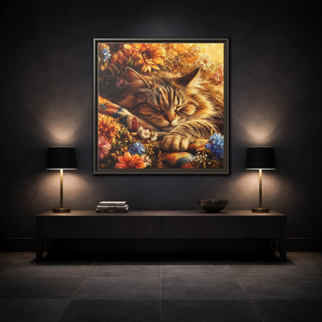Mockup 3. Animals Sleeping Cat Sleeping Cat Flowers shown as stretched canvas wall art