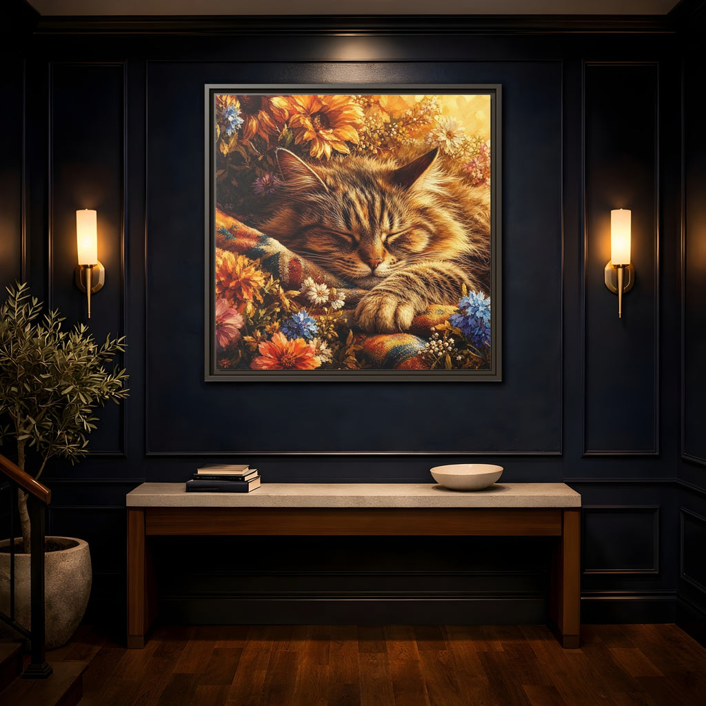 Mockup 4. Animals Sleeping Cat Sleeping Cat Flowers shown as stretched canvas wall art