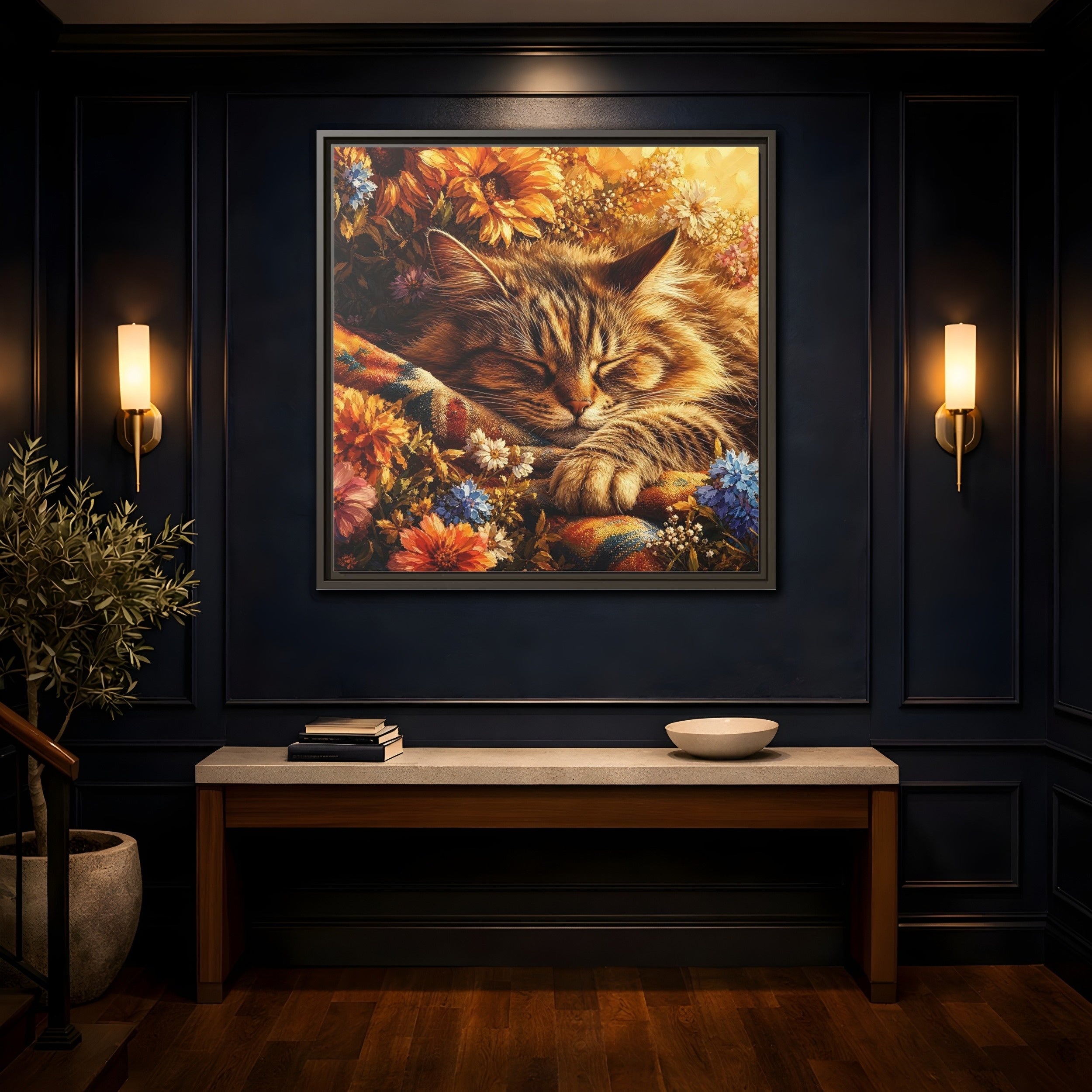 Mockup 4. Animals Sleeping Cat Sleeping Cat Flowers shown as stretched canvas wall art