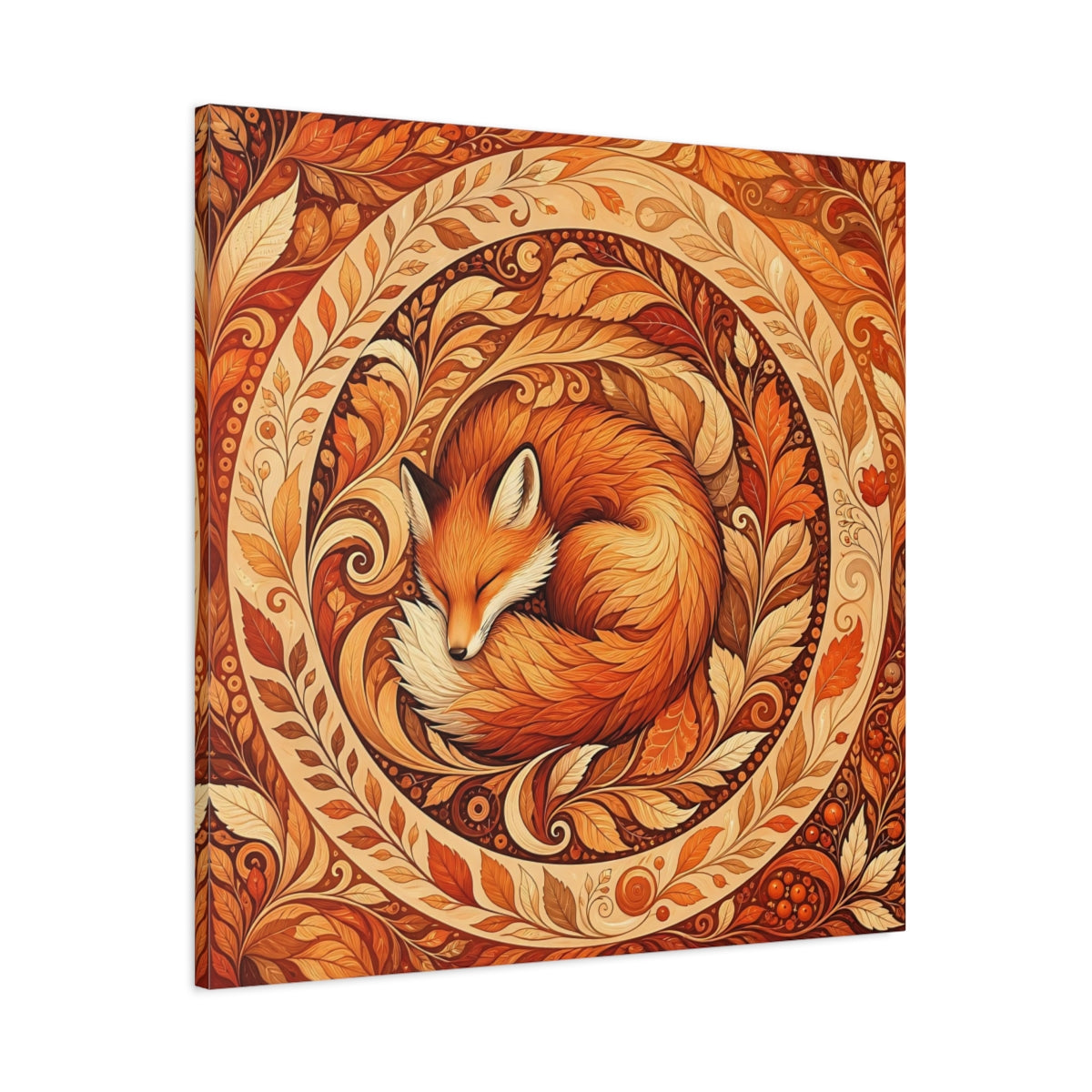 Main Mockup. Animals Sleeping Fox Orange Autumn shown as stretched canvas wall art