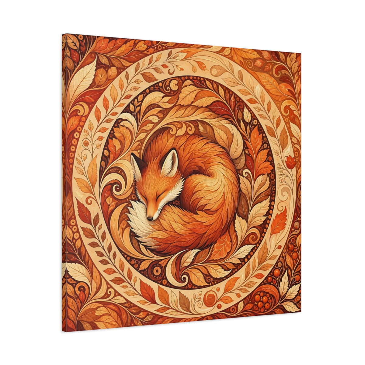Side Mockup 1. Animals Sleeping Fox Orange Autumn shown as stretched canvas wall art