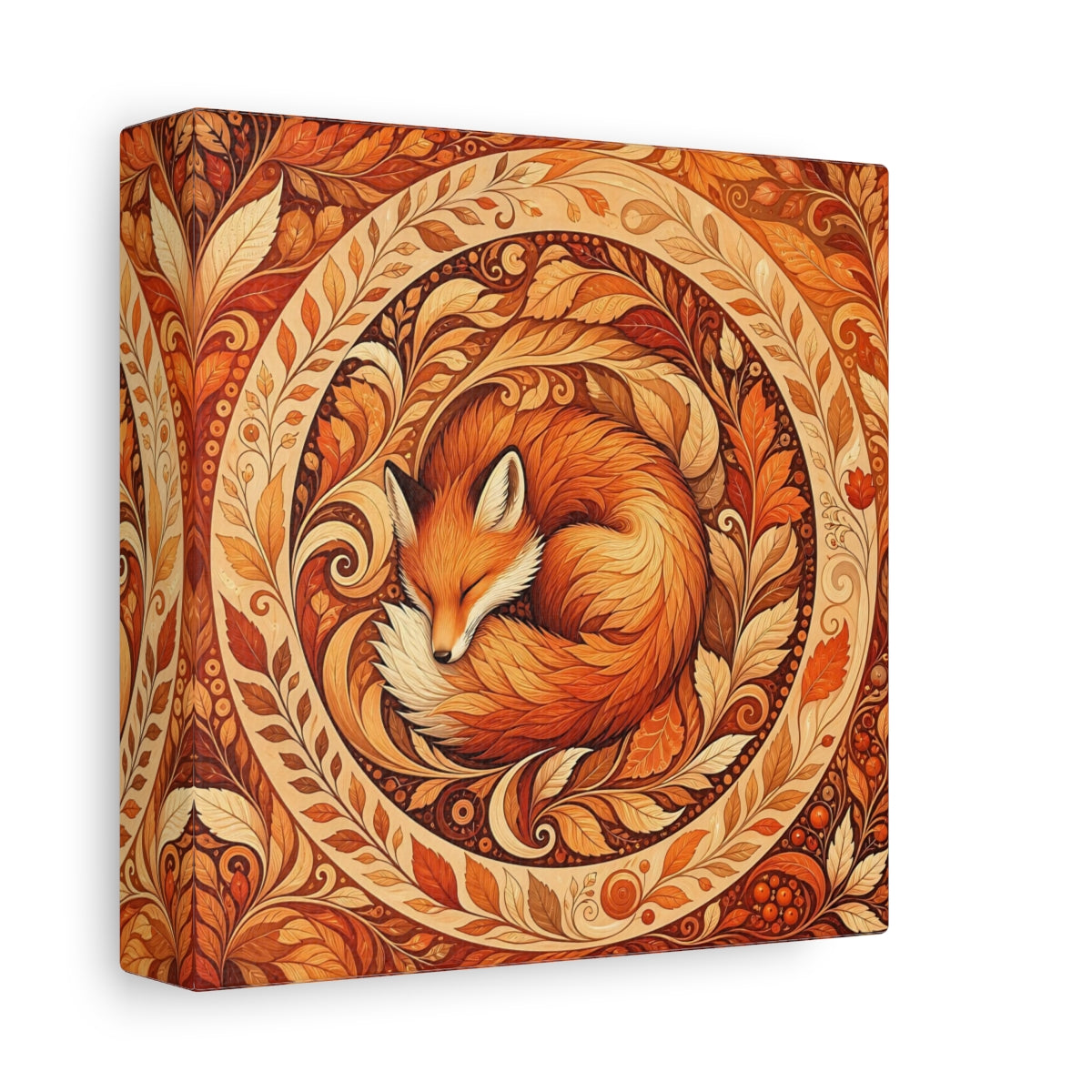 Side Mockup 2. Animals Sleeping Fox Orange Autumn shown as stretched canvas wall art