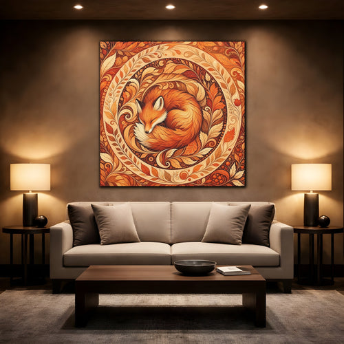 Mockup 2. Animals Sleeping Fox Orange Autumn shown as stretched canvas wall art