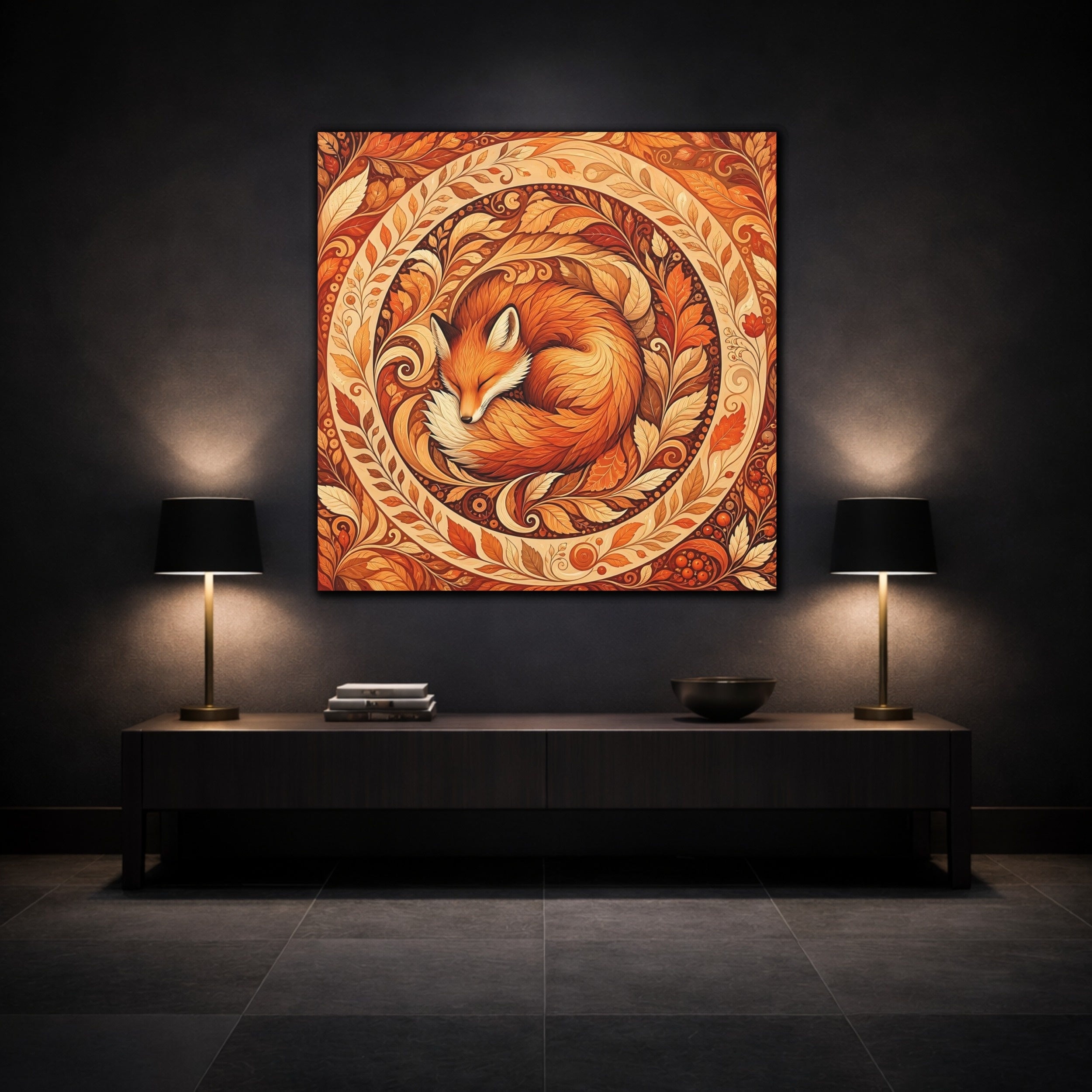 Mockup 3. Animals Sleeping Fox Orange Autumn shown as stretched canvas wall art