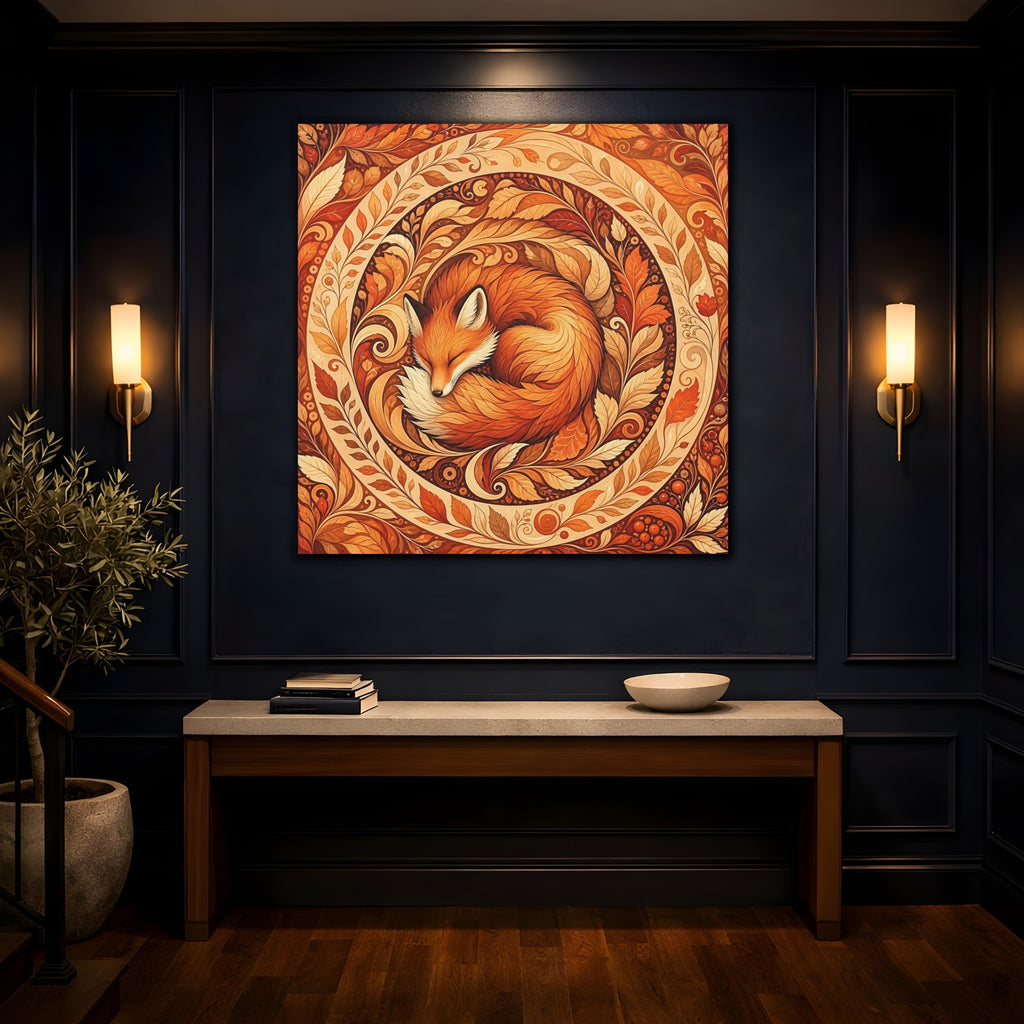 Mockup 4. Animals Sleeping Fox Orange Autumn shown as stretched canvas wall art