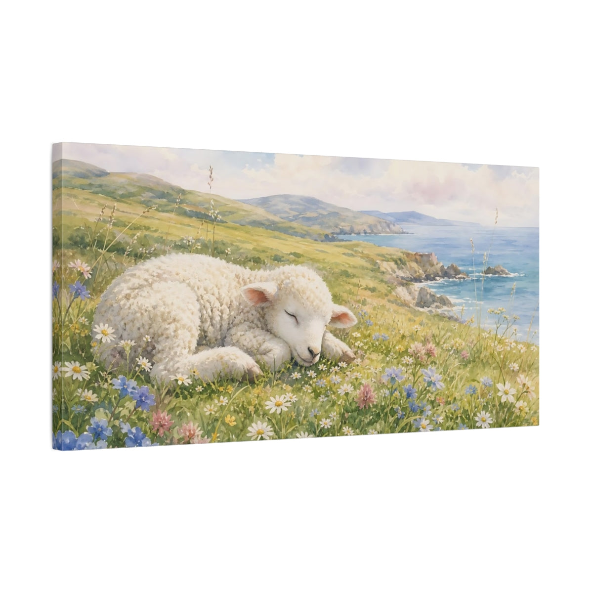 Side Mockup 1. Animals Sleeping Lamb Watercolor Lamb shown as stretched canvas wall art