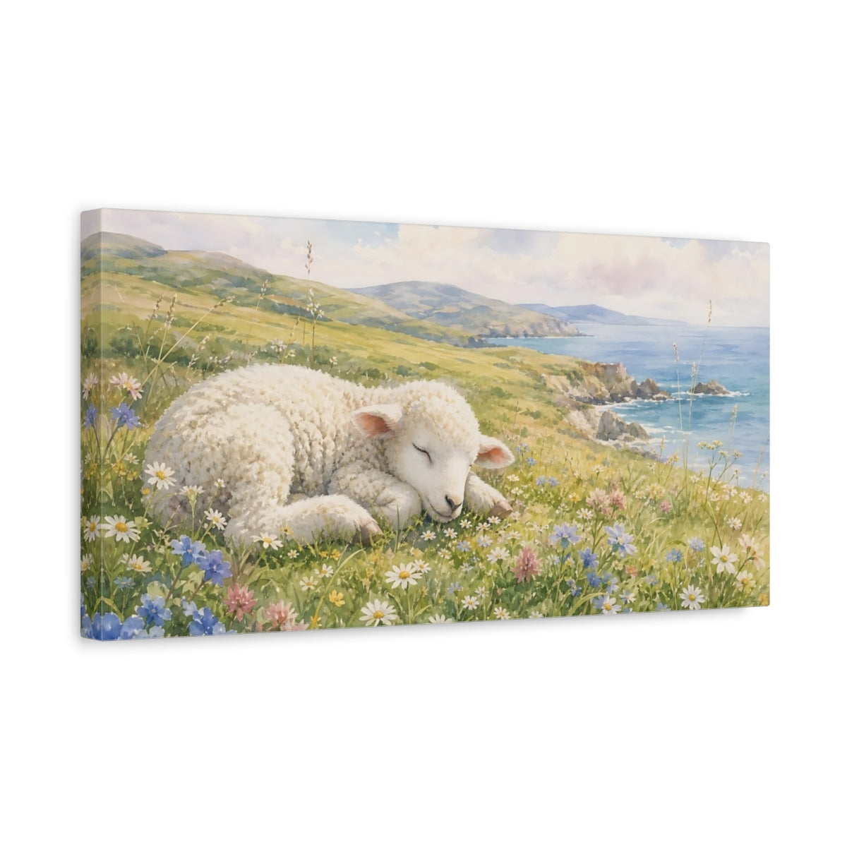 Side Mockup 3. Animals Sleeping Lamb Watercolor Lamb shown as stretched canvas wall art