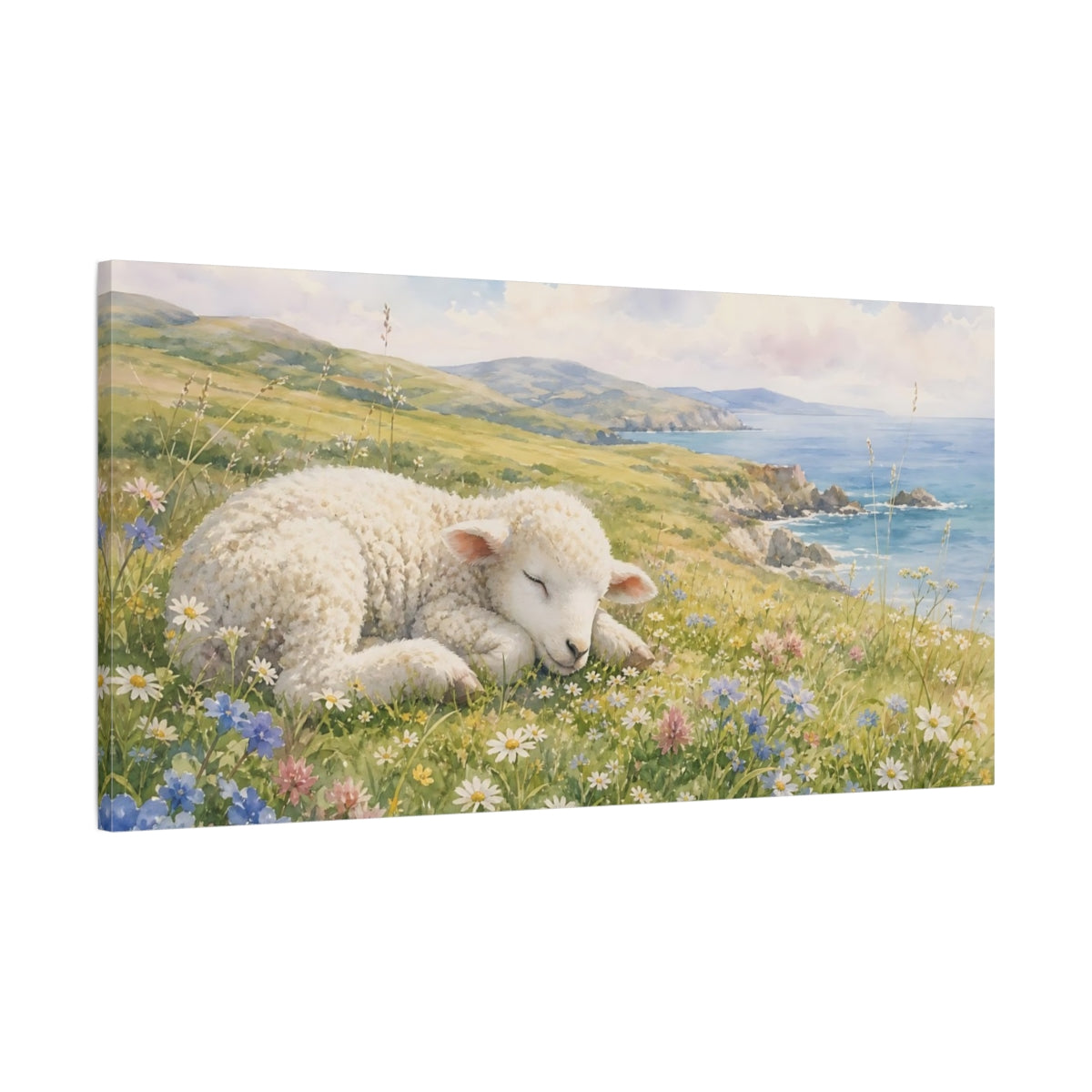 Main Mockup. Animals Sleeping Lamb Watercolor Lamb shown as stretched canvas wall art