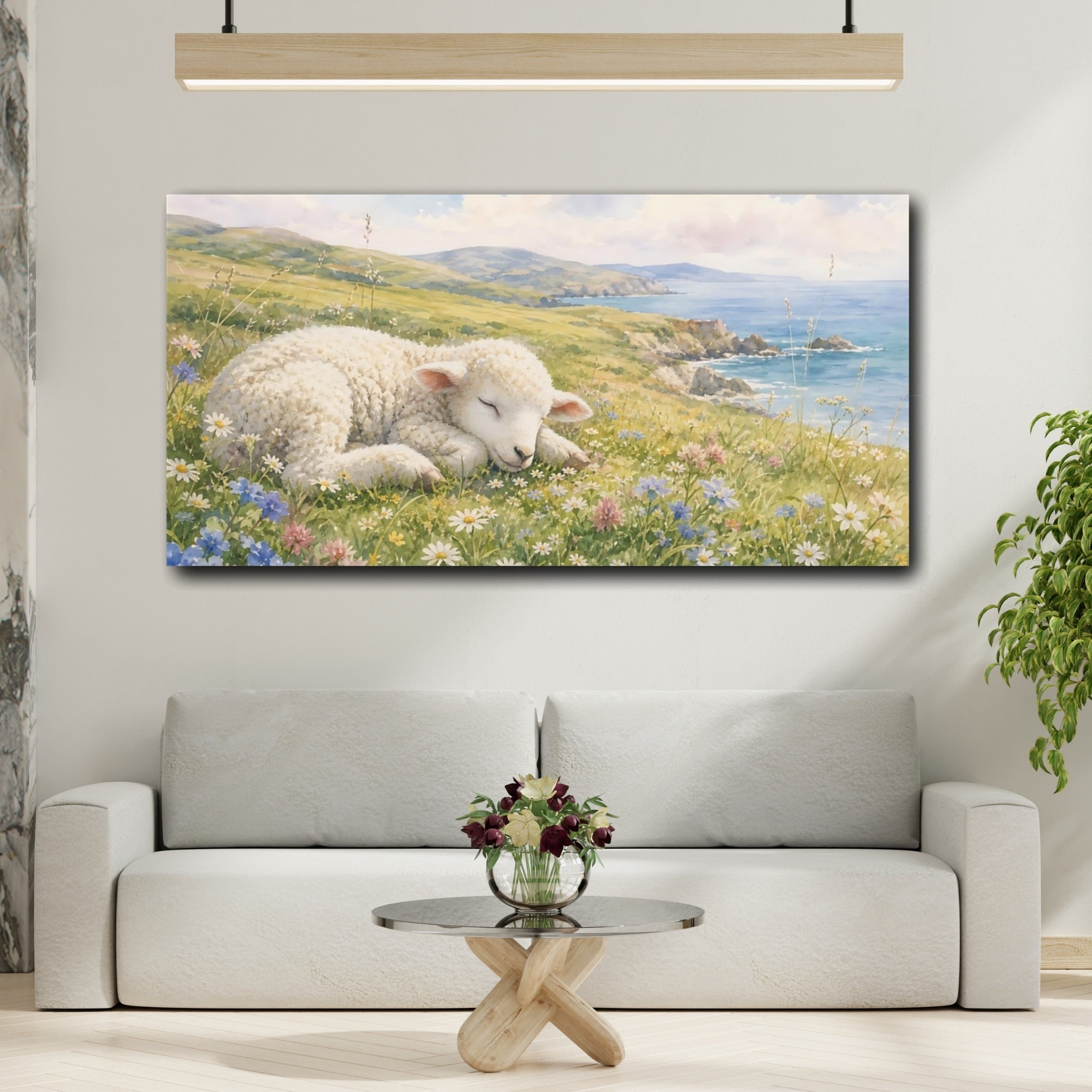 Mockup 2. Animals Sleeping Lamb Watercolor Lamb shown as stretched canvas wall art