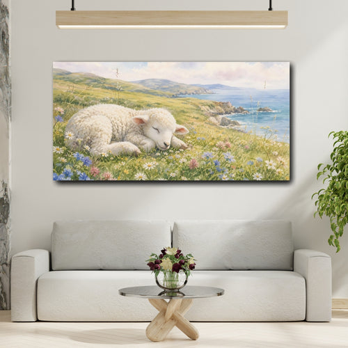 Mockup 2. Animals Sleeping Lamb Watercolor Lamb shown as stretched canvas wall art