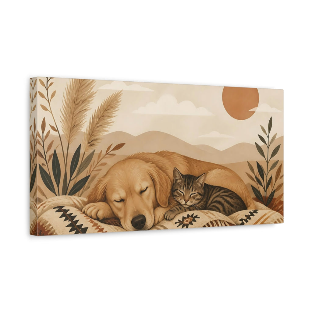 Side Mockup 3. Animals Sleeping Pets Boho Dog Cat shown as stretched canvas wall art