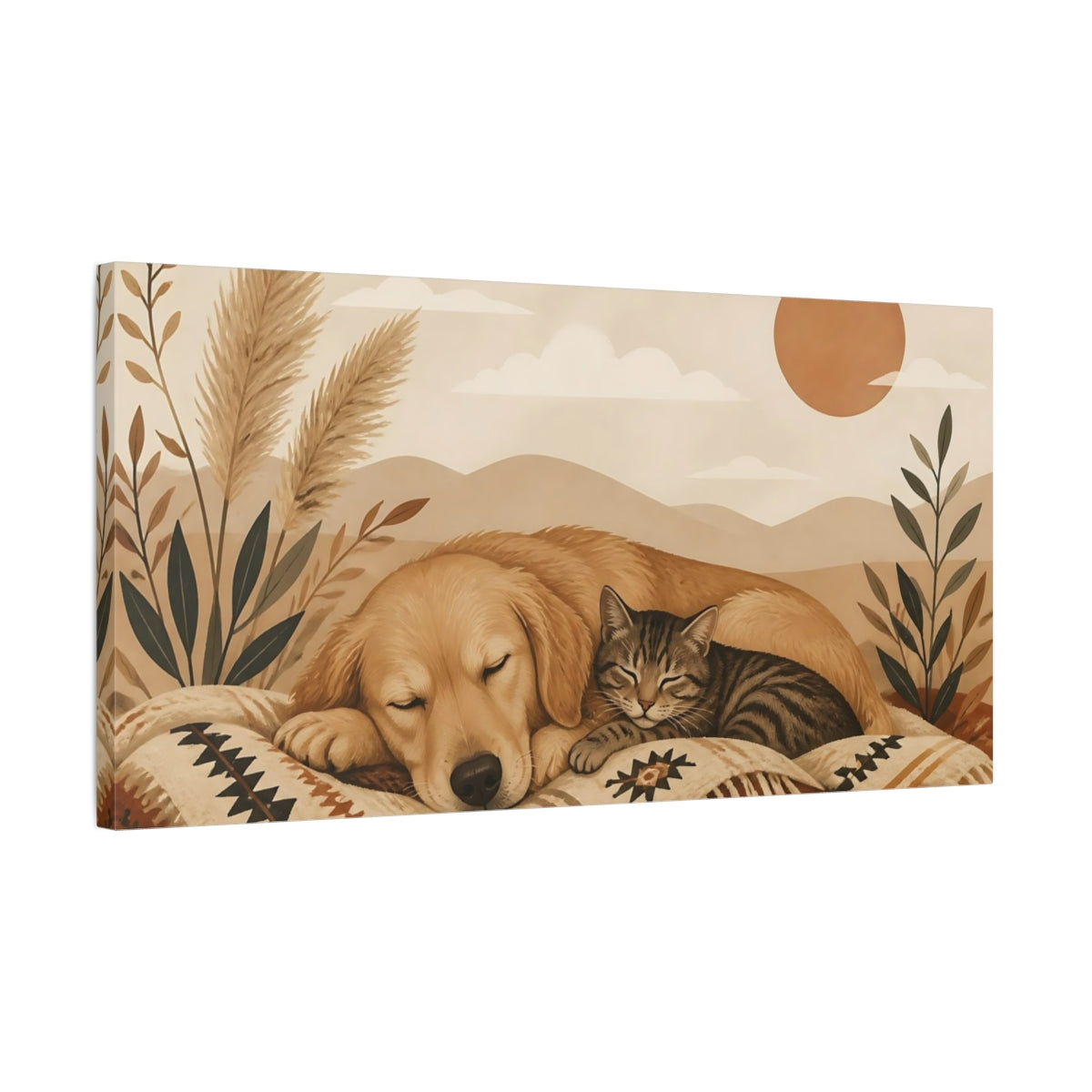Side Mockup 1. Animals Sleeping Pets Boho Dog Cat shown as stretched canvas wall art